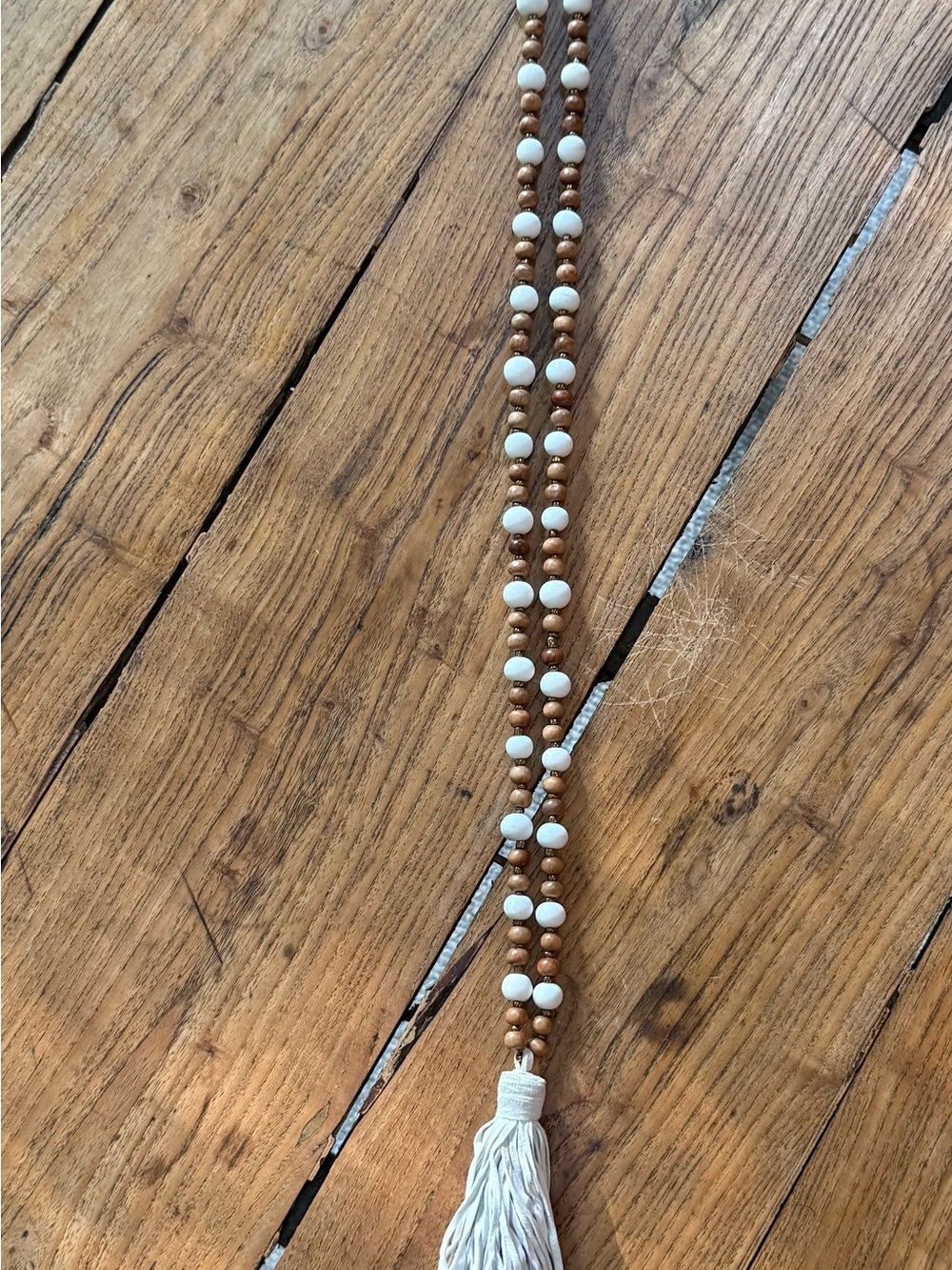 Wood and White Beaded Tassel Necklace